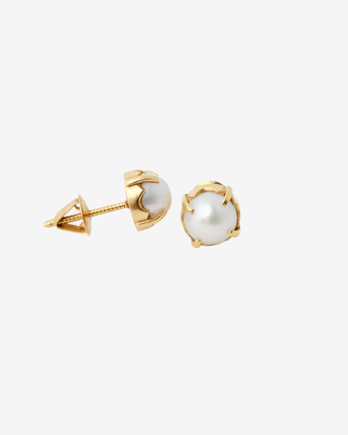 18k gold vintage pearl stud earrings, one front one side view
