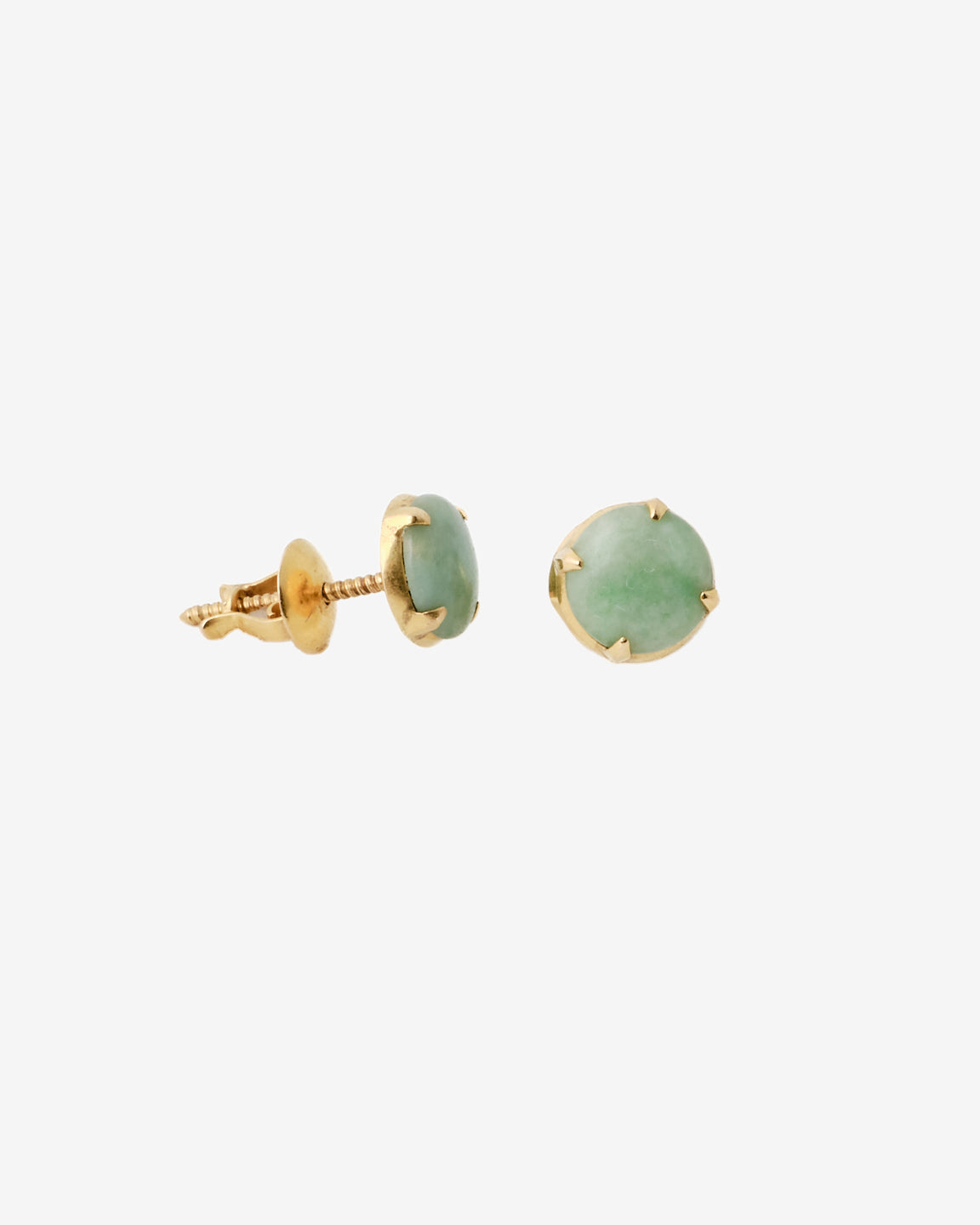18k gold vintage jade stud earrings, one side view one front view 