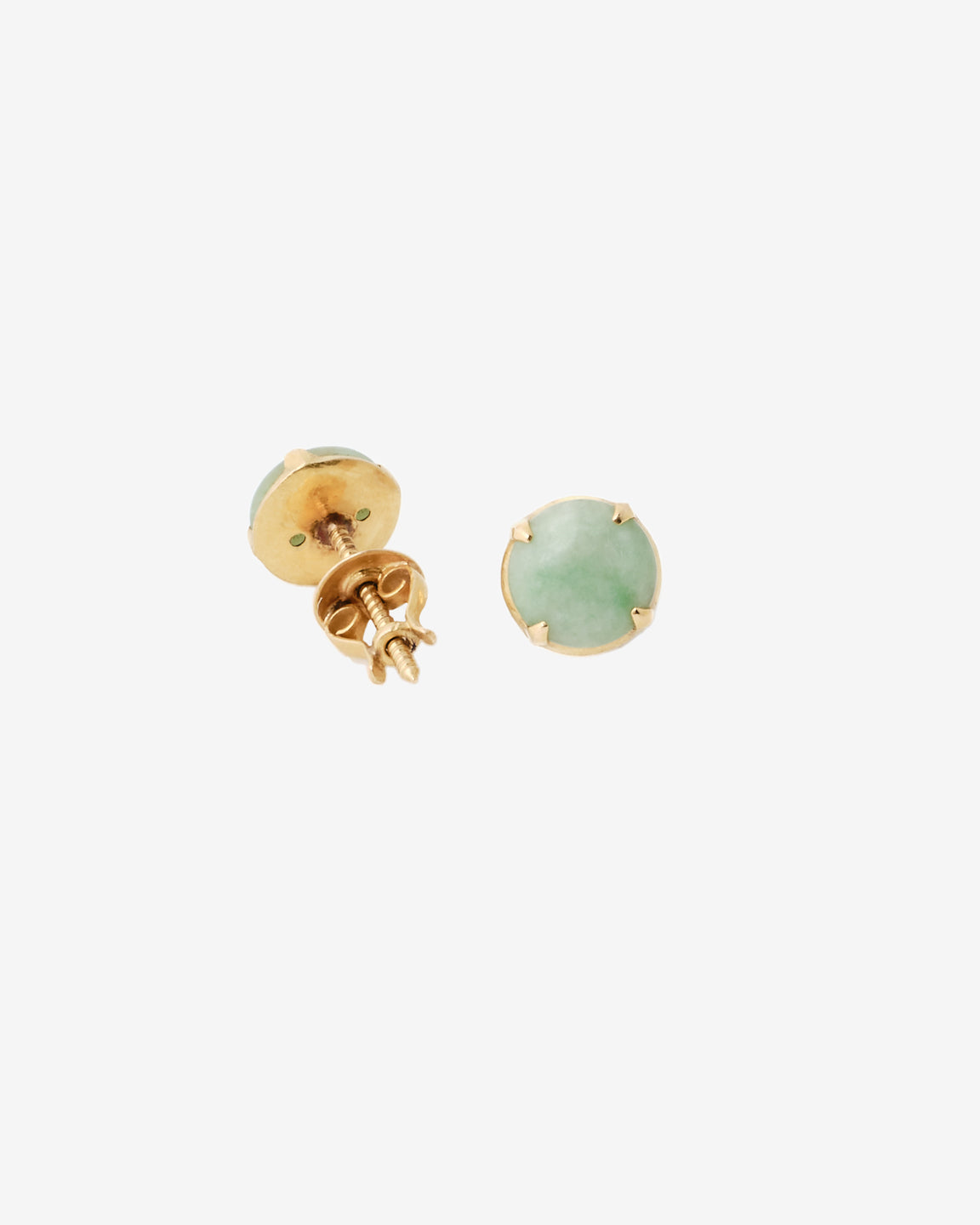 18k gold vintage jade stud earrings, one front one back view 