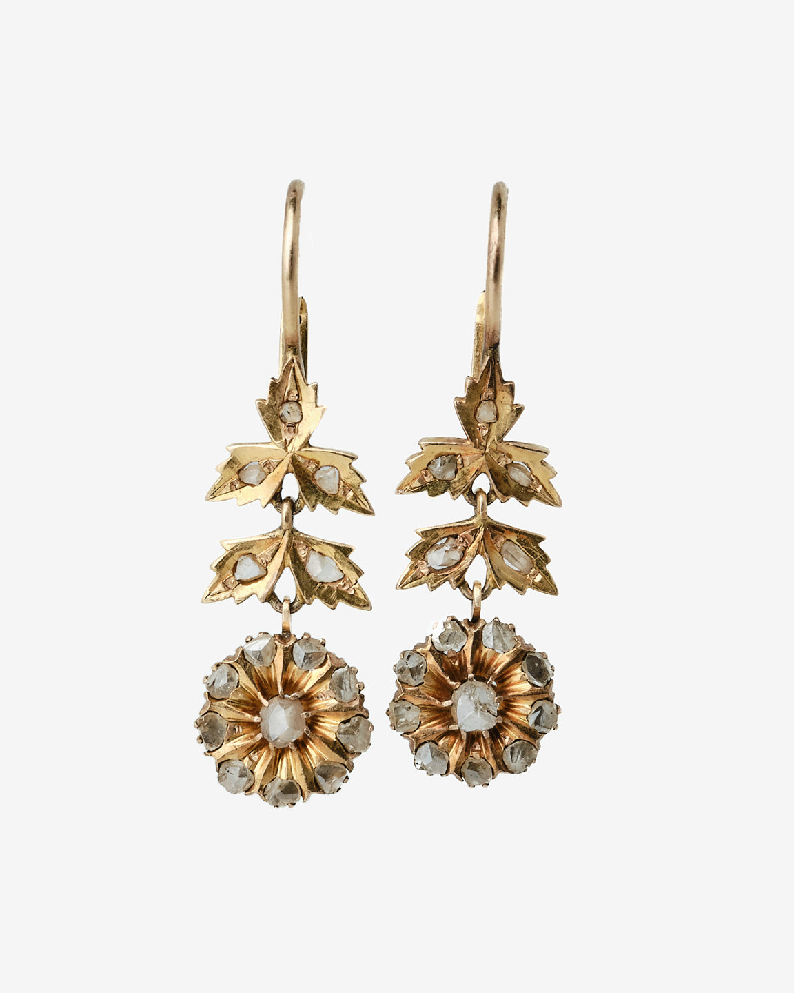 Vintage 14k gold diamond drop earrings, front view