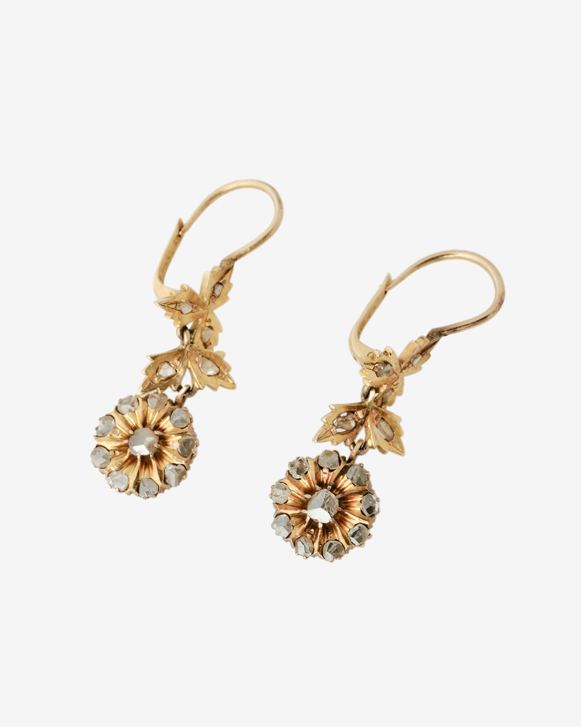 Vintage 14k gold diamond drop earrings, side view