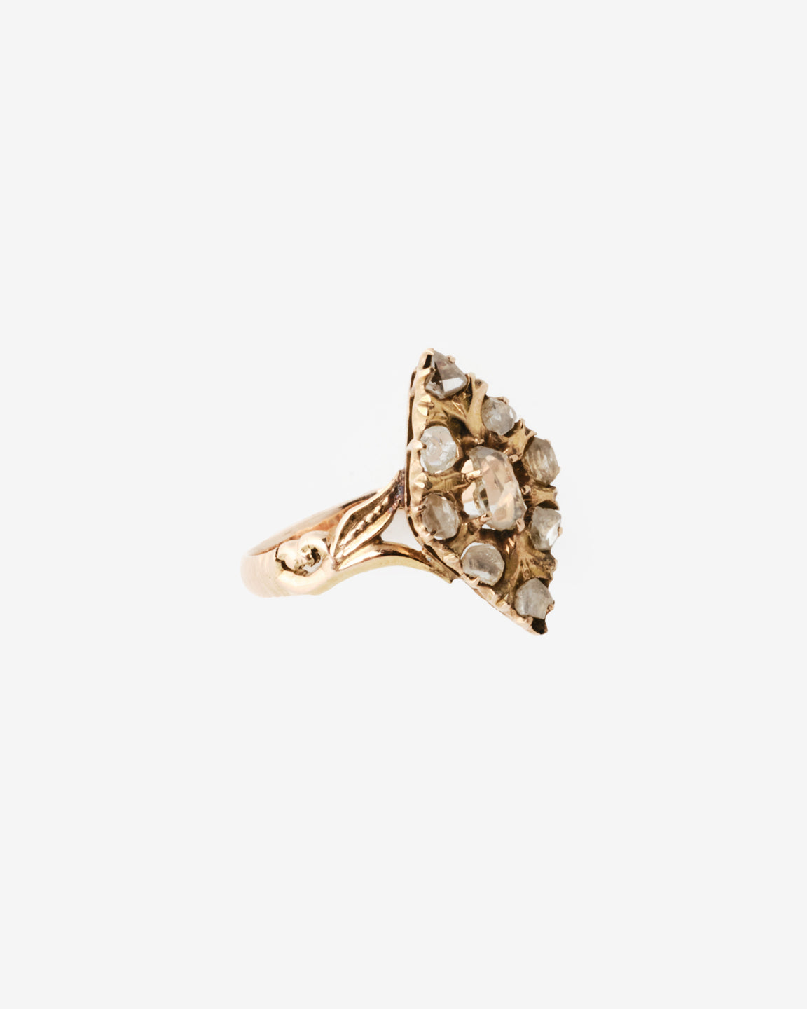14k vintage navette diamond ring, side view