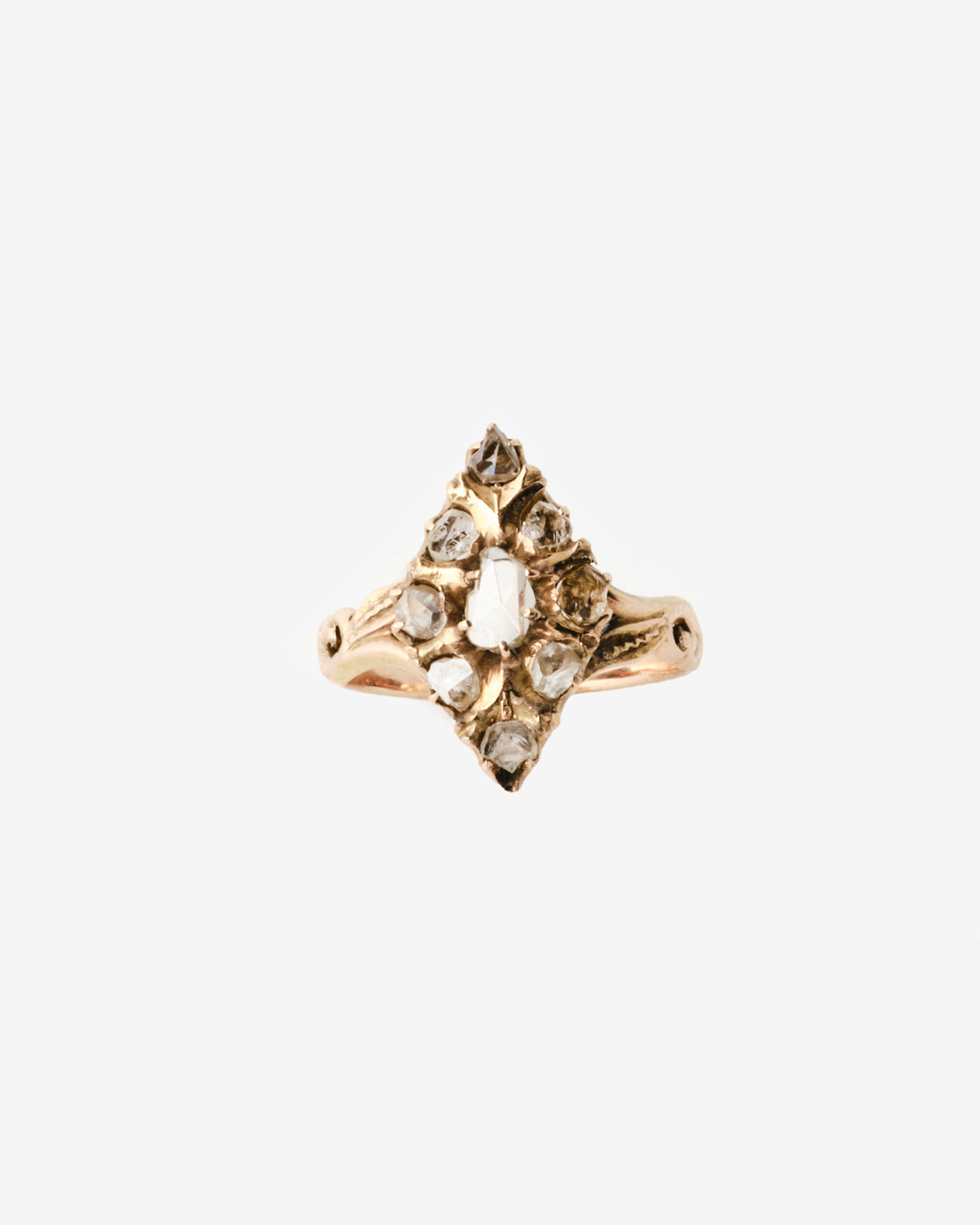 14k vintage navette diamond ring, front view