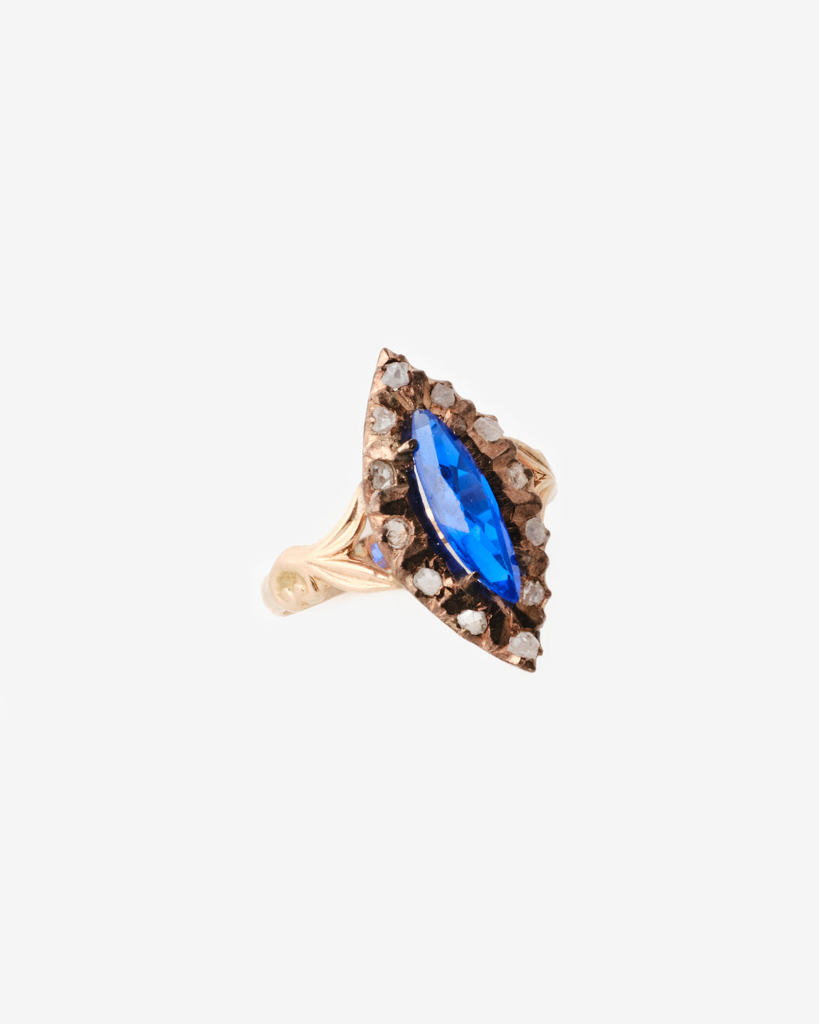 12k vintage navette sapphire and diamond ring, front view