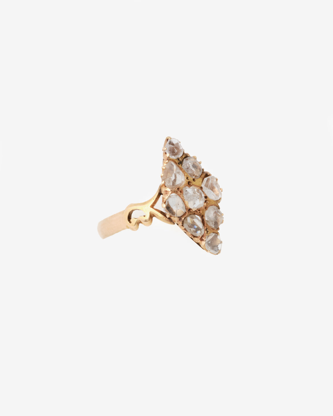 14k vintage navette diamond ring, side view