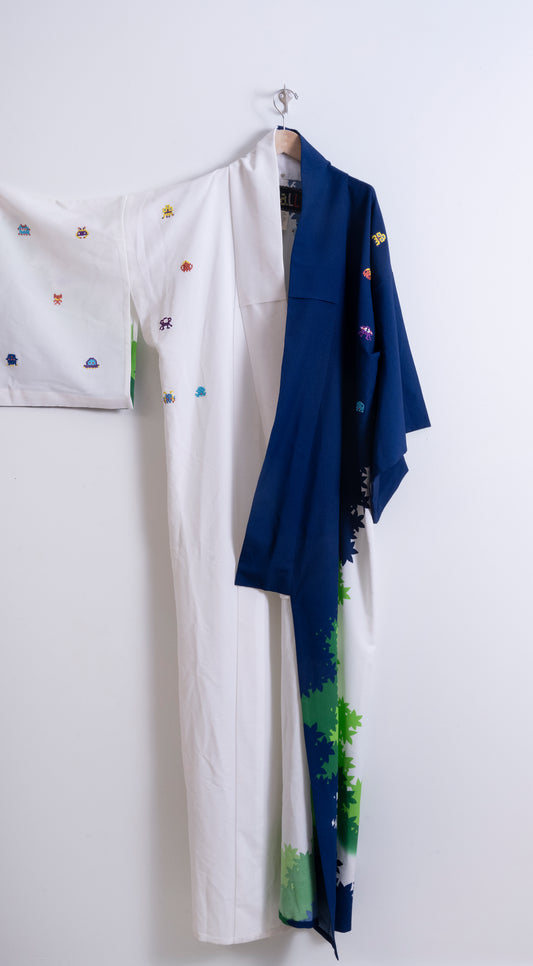 "Space Invaders" Colorblock Leaves Kimono