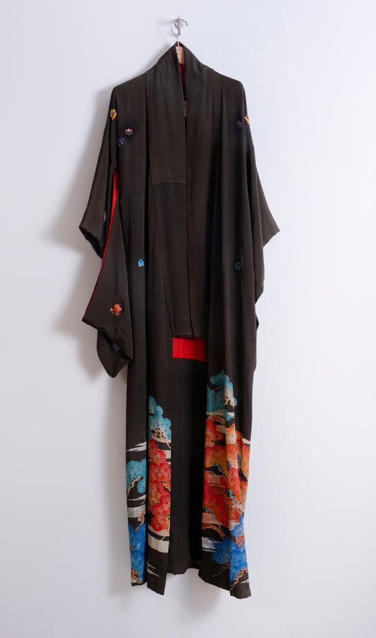 "Space Invaders" Kimono - Deep Brown w/ Autumnal Border