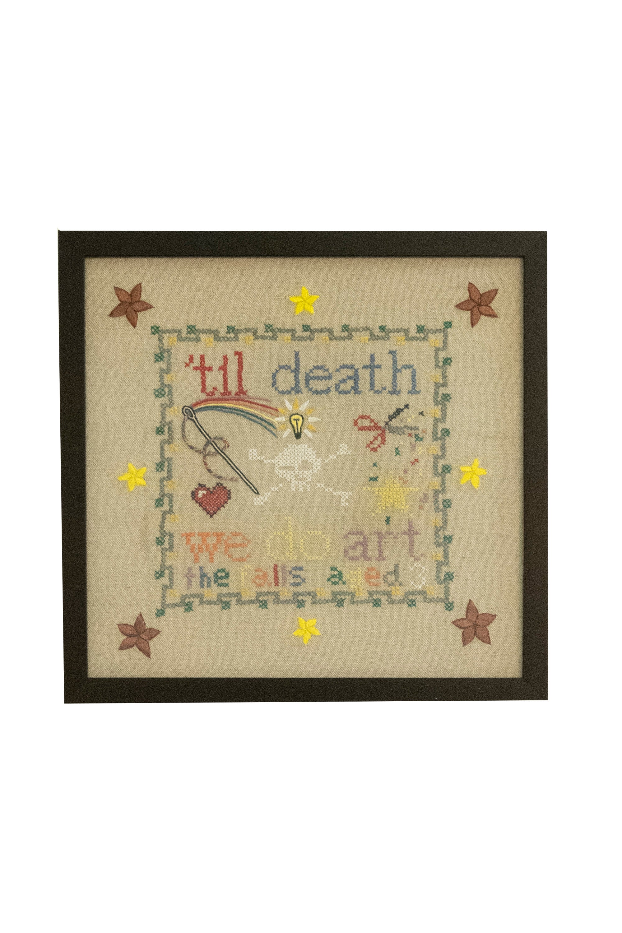 Upcycled framed sampler, front view 