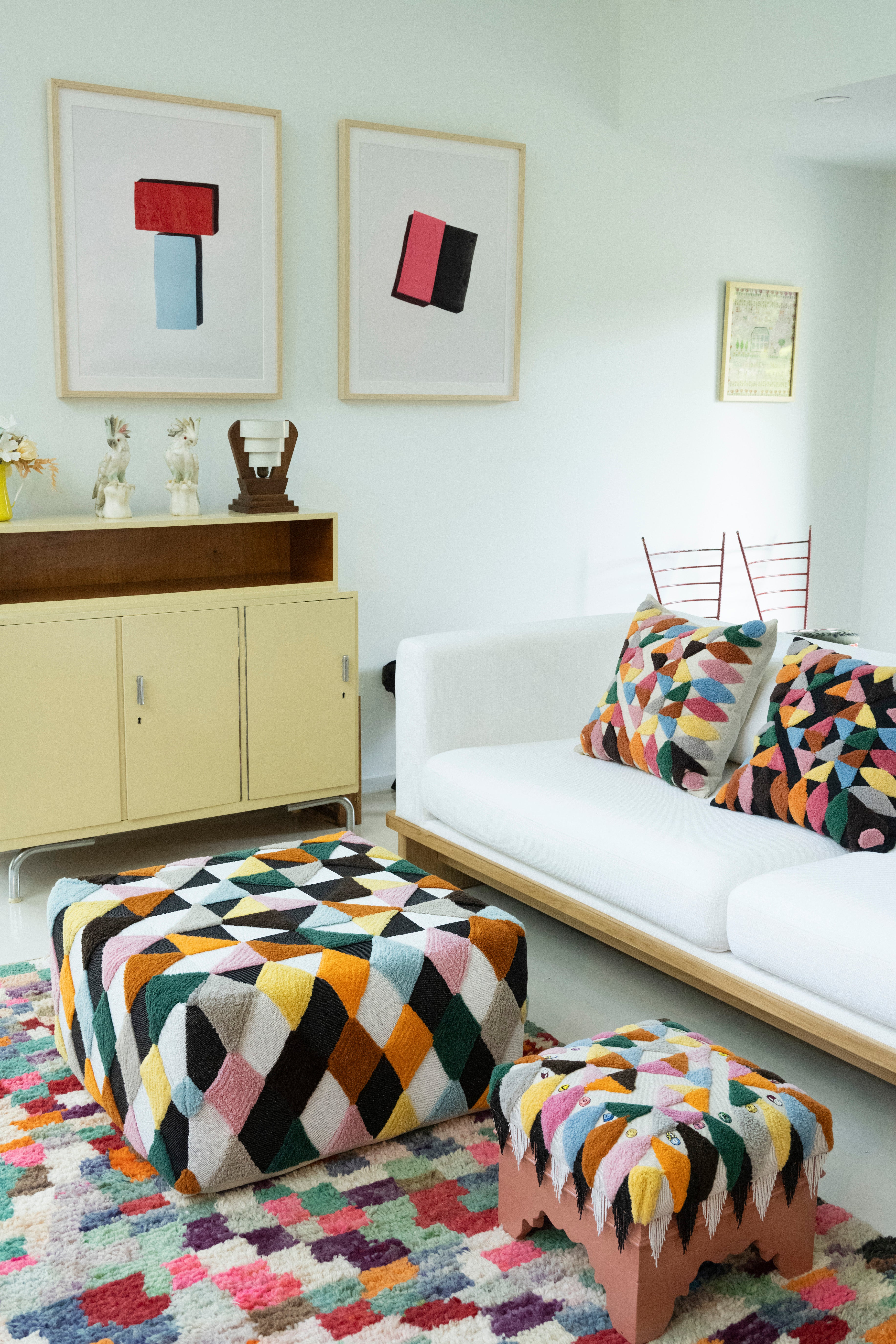 Beaded and tufted embellished square pouff, room view