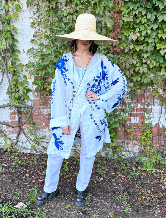 "Giant Peonies" Parka - White/Blue