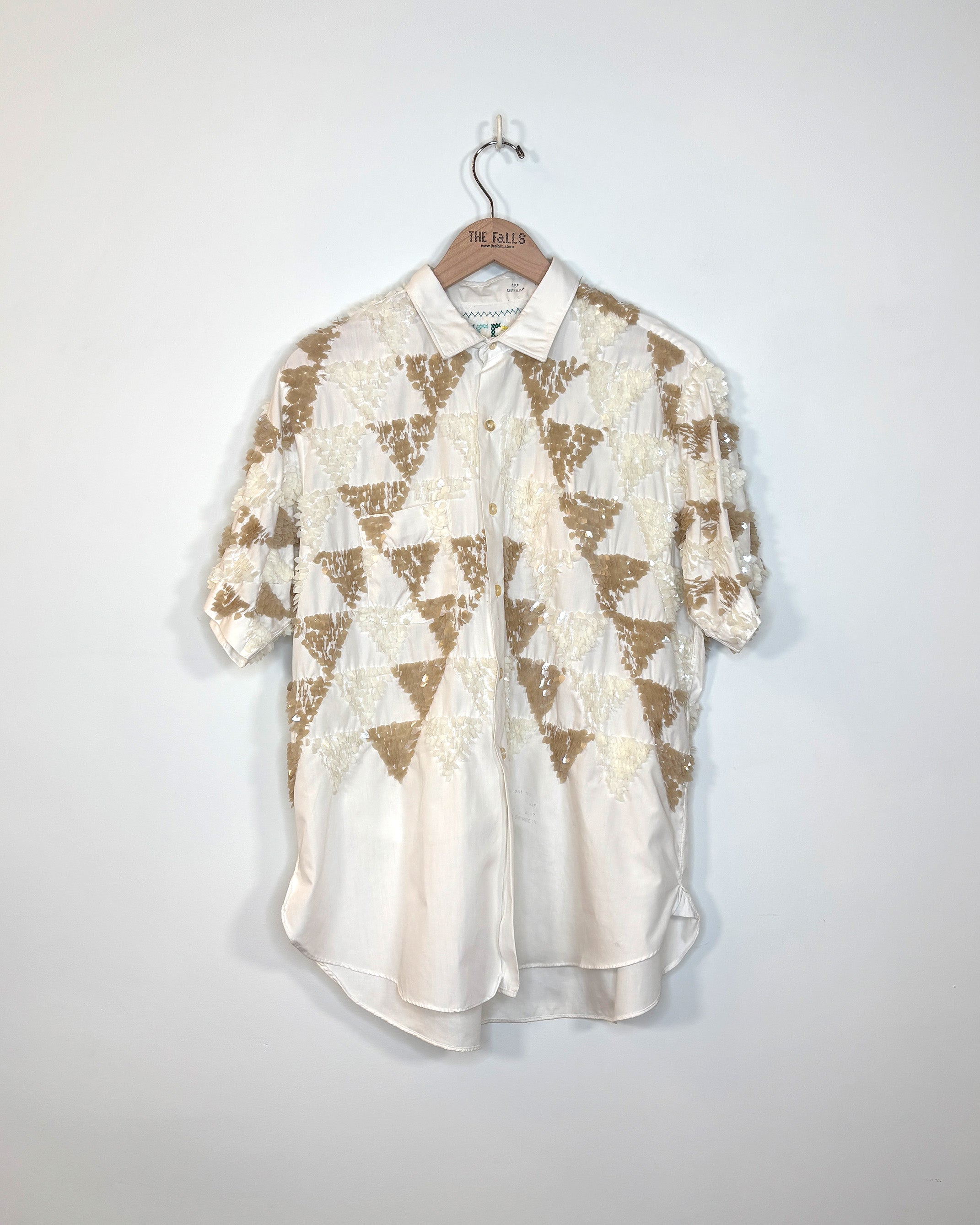 Upcycled t-shirt with sequin embellishments, front view