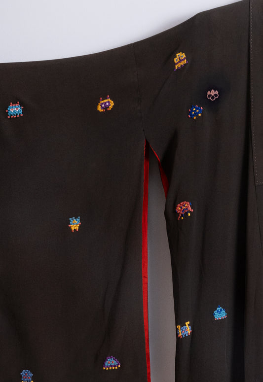 "Space Invaders" Kimono - Deep Brown w/ Autumnal Border