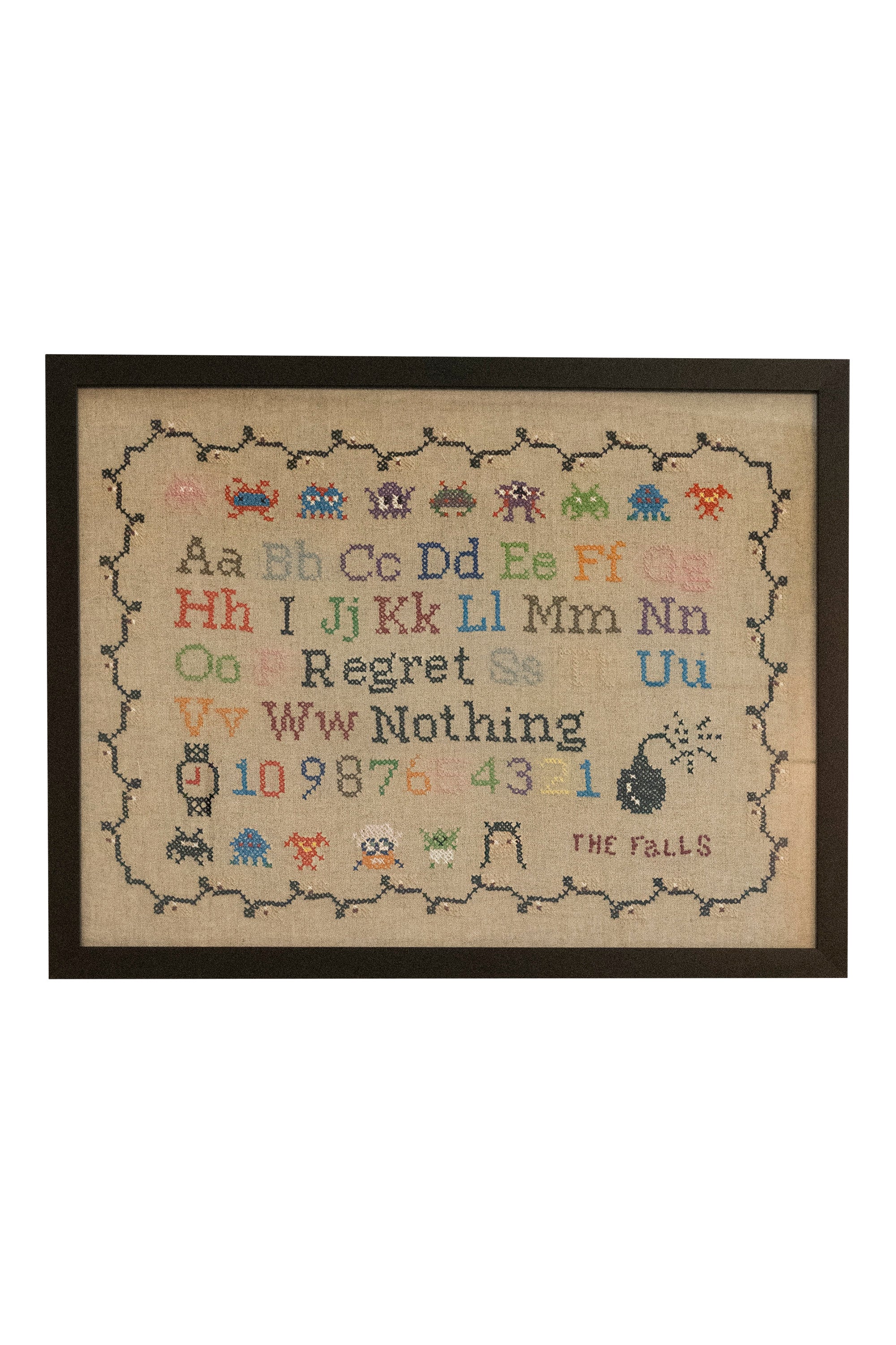 Upcycled framed sampler, front view 