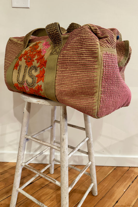 “Rope Flora” Large Bag - Tan/Pink