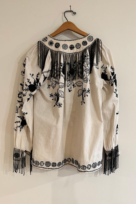 "Fringe Event" Linen Smock - Ecru/Black