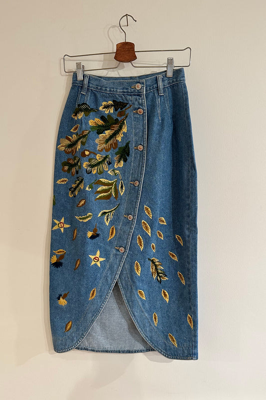 1 of 1 "Oak Leaf Love" Wrap Midi Skirt - Denim/Multi