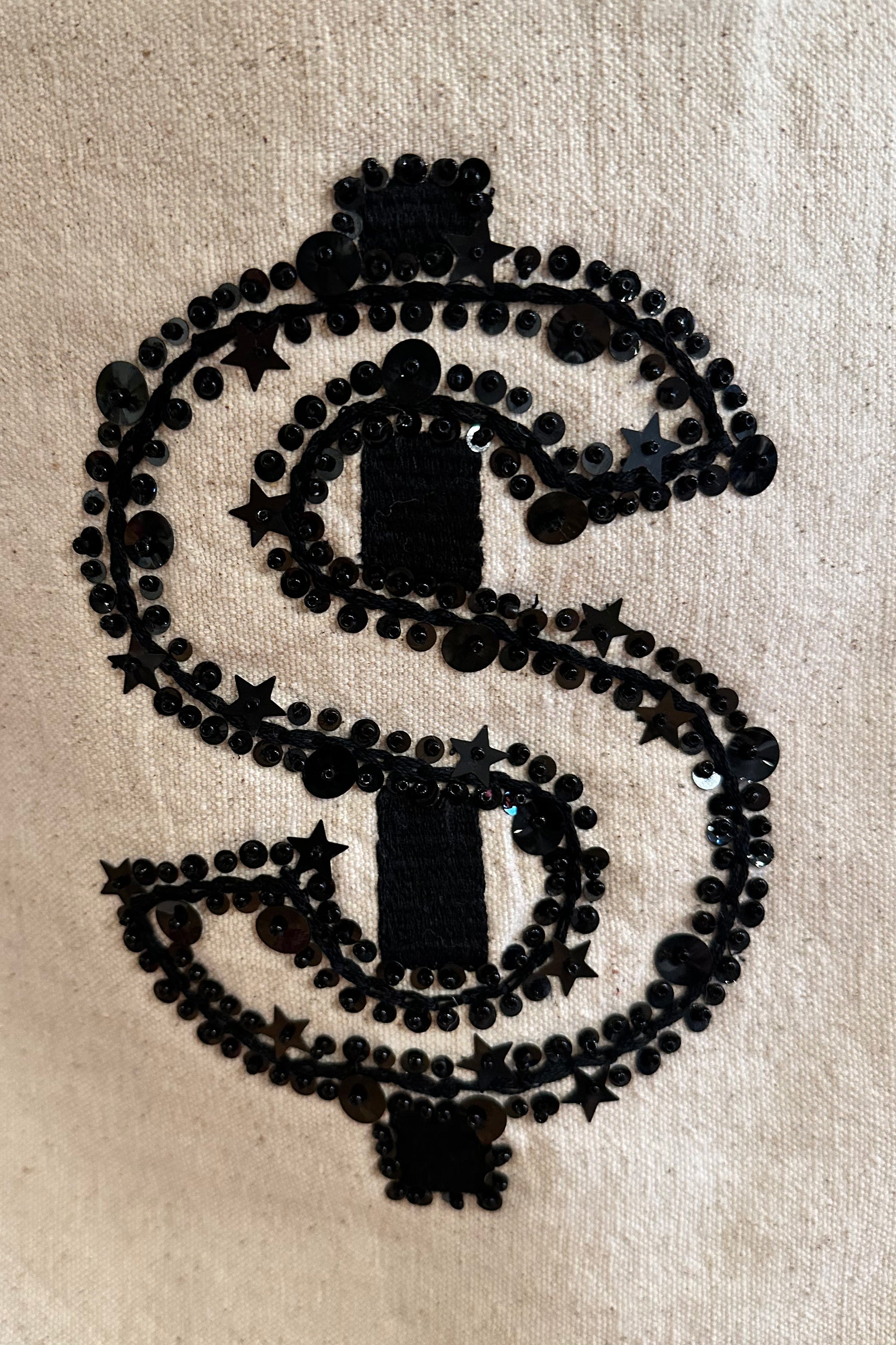 Embellished bag with money sign, close up view 