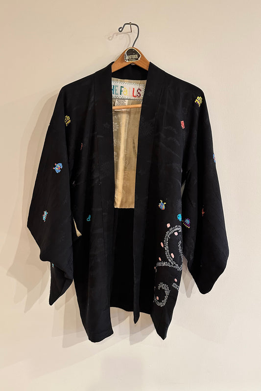 "Space Invaders" Floral Tonal Jacquard Haori - Black