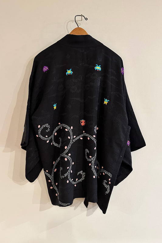 "Space Invaders" Floral Tonal Jacquard Haori - Black
