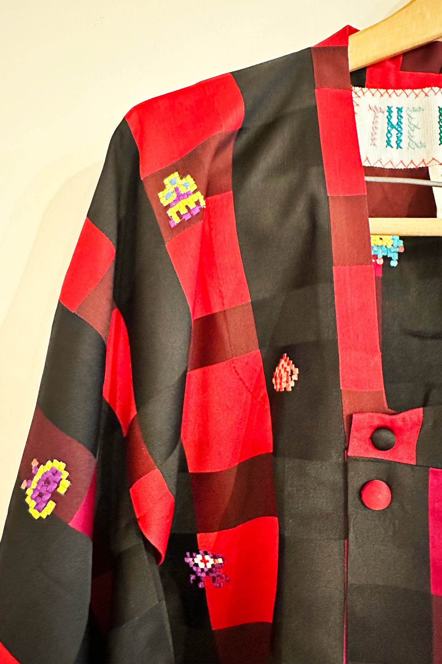 "Space Invaders" Black and Red Plaid Kimono