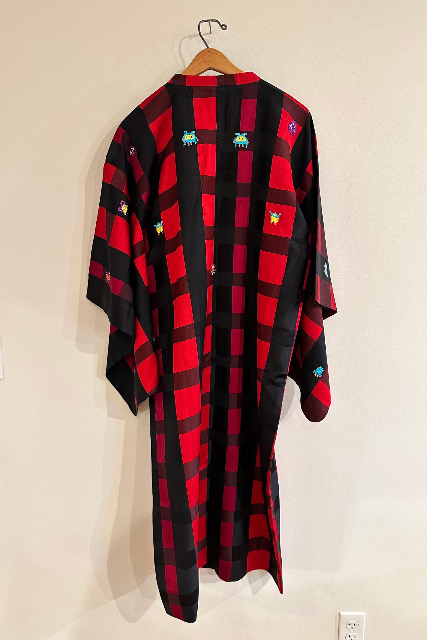 "Space Invaders" Black and Red Plaid Kimono