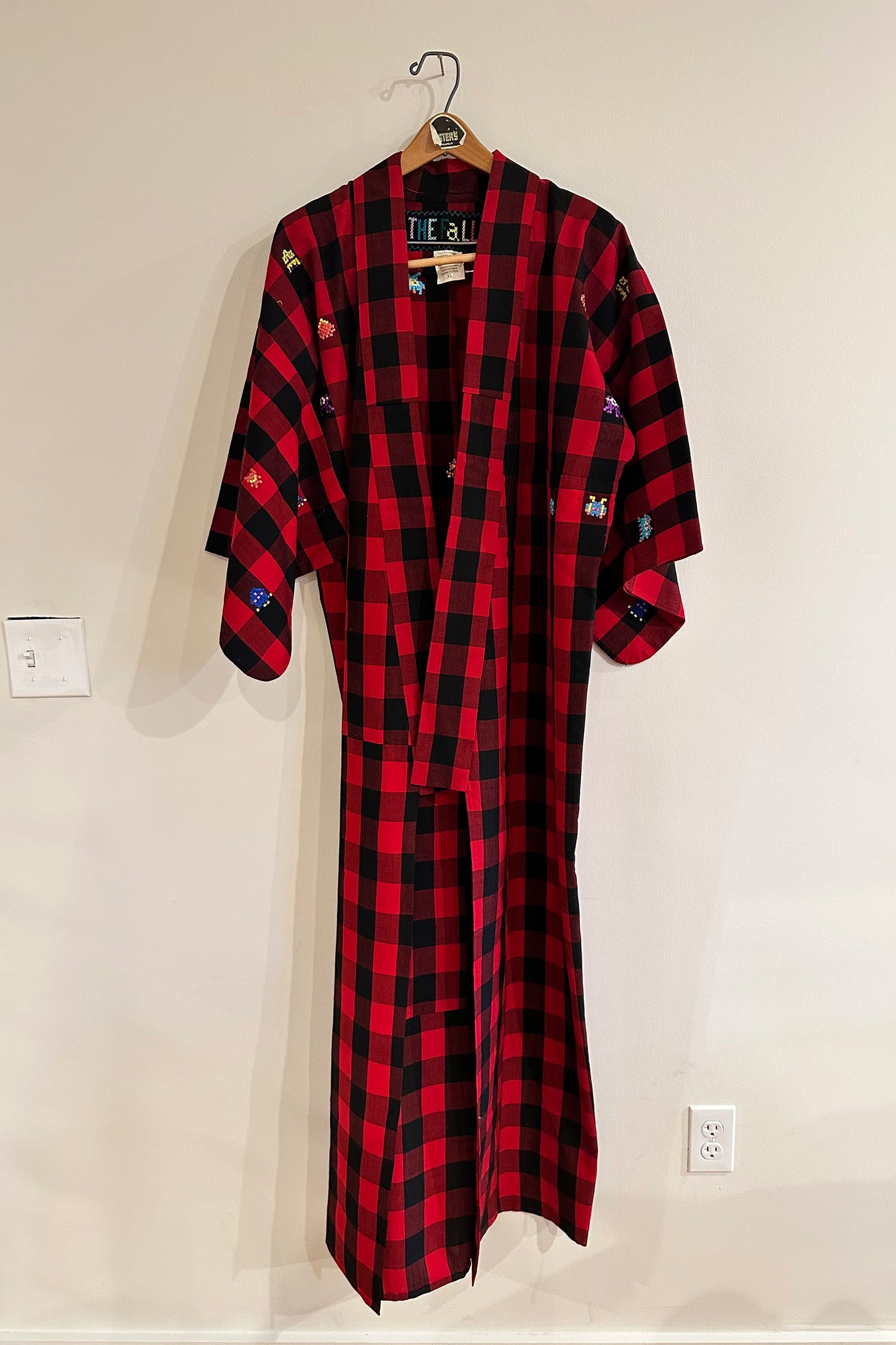 "Space Invaders" Black and Red Plaid Midi Length Kimono