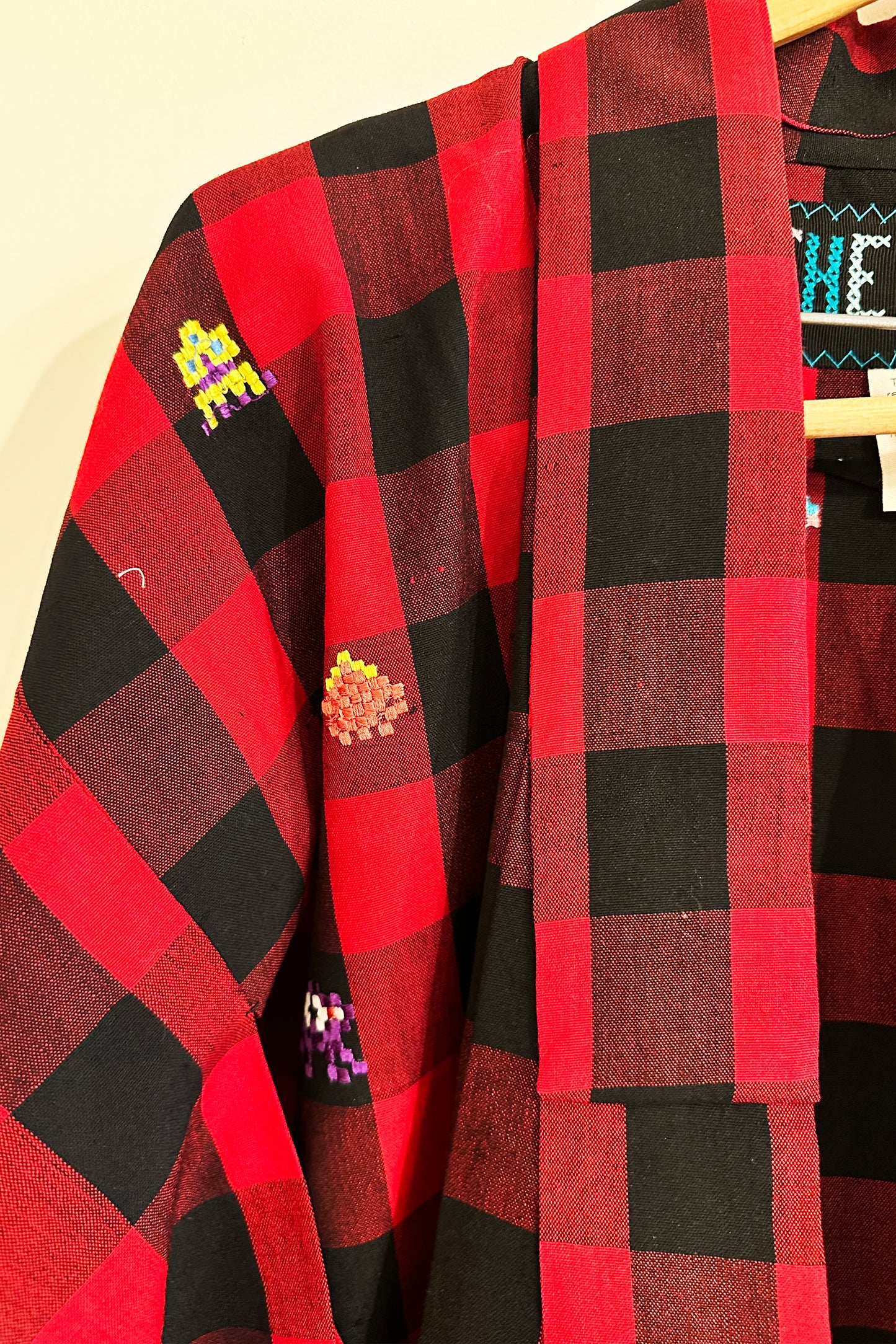 "Space Invaders" Black and Red Plaid Midi Length Kimono