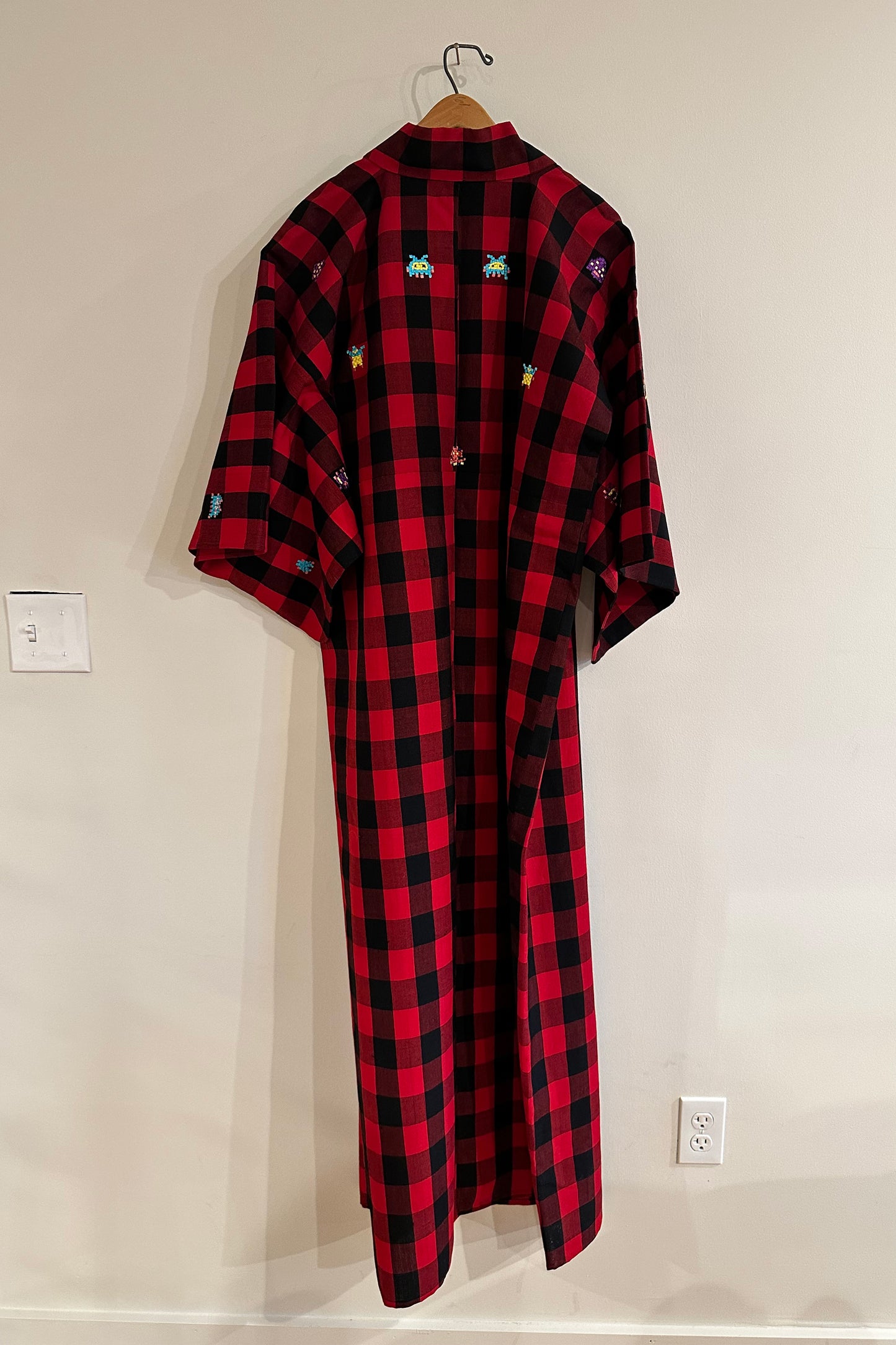 "Space Invaders" Black and Red Plaid Midi Length Kimono