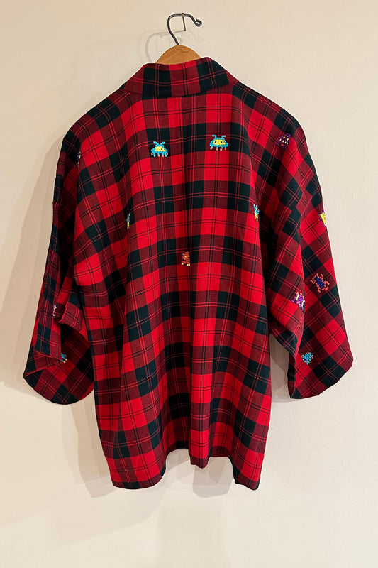 "Space Invaders" Black and Red Plaid Haori