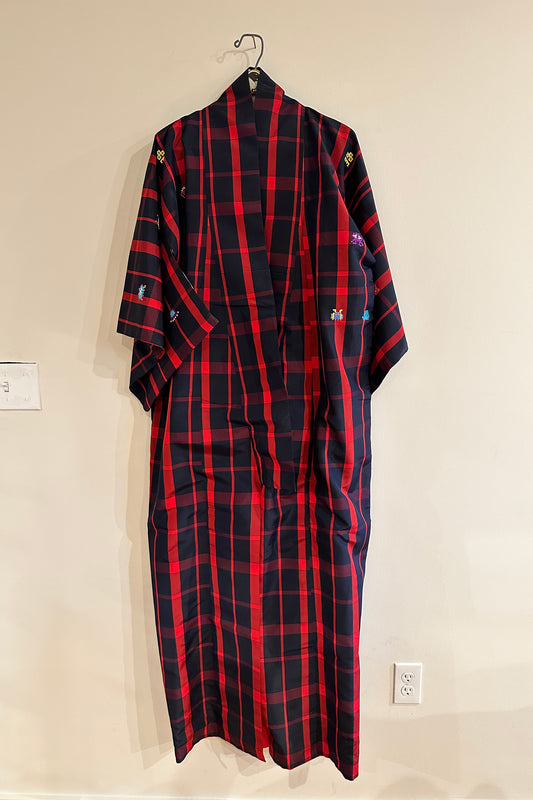 "Space Invaders" Black and Red Plaid Kimono