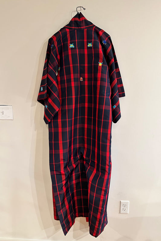 "Space Invaders" Black and Red Plaid Kimono
