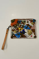 Pouch with embroidered and button embellishments, front view