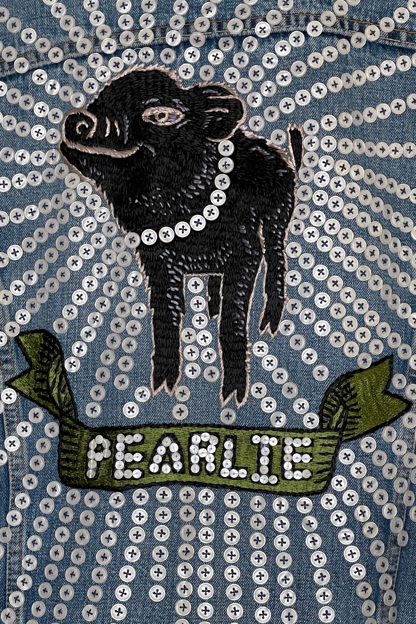 "Pearlie Pig" Levis Trucker - Denim/Black/Pearls